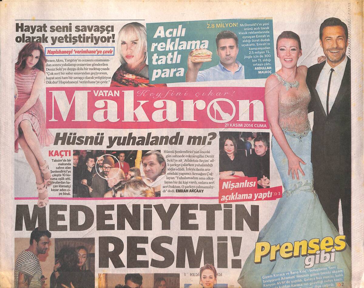 Vatan Gazetesi Makaron Eki 21 Kasım 2014 - Emrah'tan Acılı Reklama Tatlı Para - Hakan Akkaya'dan Tek Atımlık Tabanca GZ134940 - 1