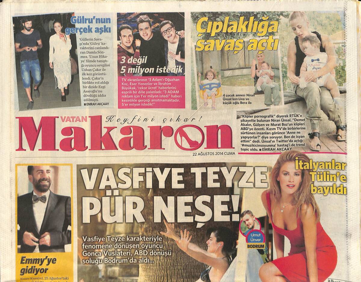Vatan Gazetesi Makaron Eki 22 Ağustos 2014 - İtalyanlar Tülin'e Bayıldı - Gülru'nun Gerçek Aşkı - Pınar Altuğ, Tatilde Kameralara Yakalandı GZ154623 - 1