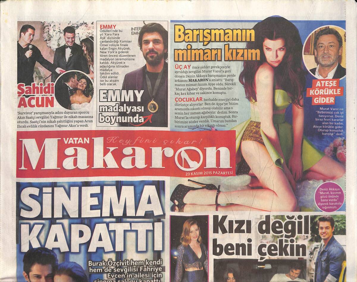 Vatan Gazetesi Makaron Eki 23 Kasım 2015 - Emmy Madalyası Engin Akyürek'in Boynunda - Justin Bieber Selena'nın Gönlünü Kazandı GZ136378 - 1