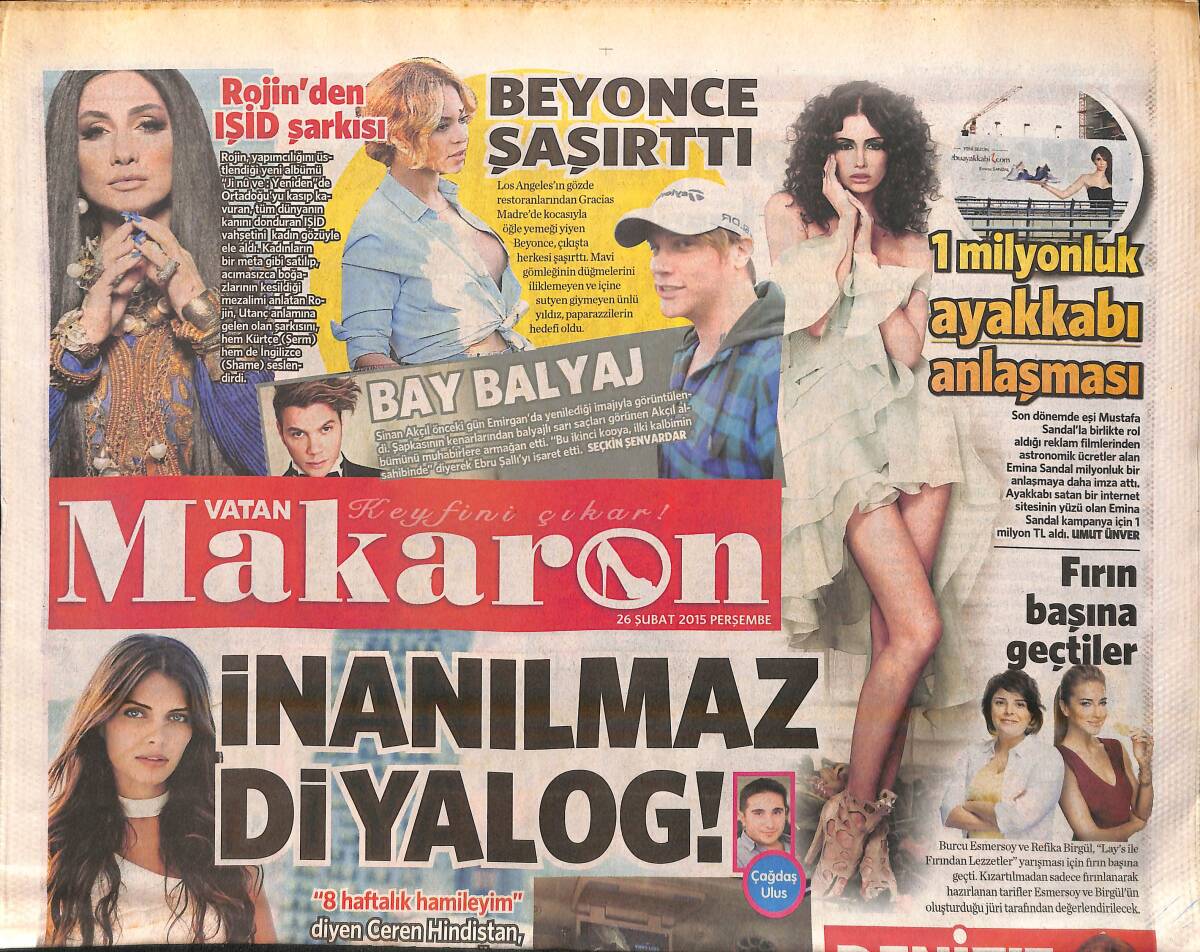 Vatan Gazetesi Makaron Eki 26 Şubat 2015 - Beyonce Şaşırttı - Rojin'den IŞİD Şarkısı GZ159905 - 1