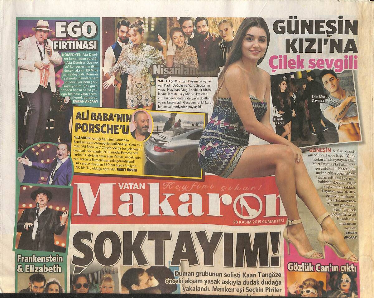 Vatan Gazetesi Makaron Eki 28 Kasım 2015 - Hande Erçel Ekin Mert Daymaz Yakalandılar - Emre Altuğ Oğlunun Adını Dövme Yaptırdı! GZ137277 - 1