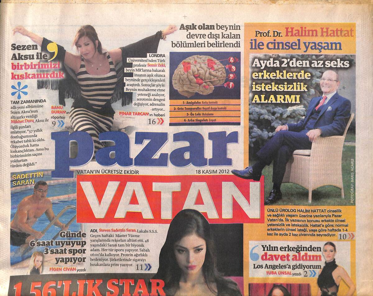 Vatan Gazetesi Pazar Eki 18 Kasım 2012 - Sadettin Saran , Günde 6 Saat Uyuyup 3 Saat Spor Yapıyor GZ160081 - 1