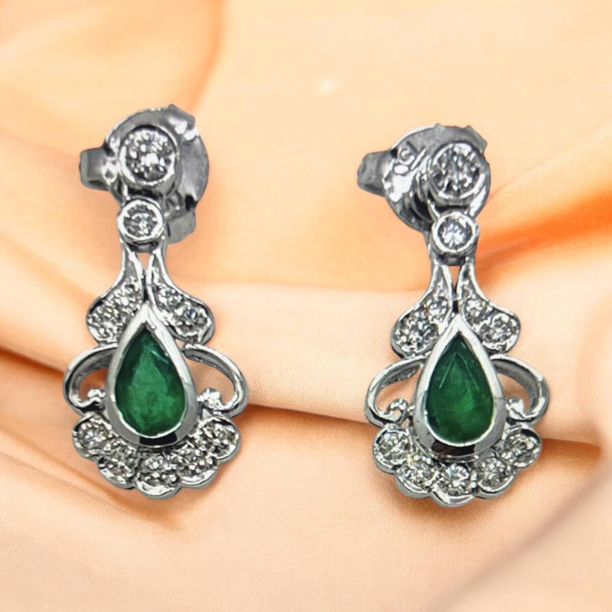 Vintage 18 Ayar Pırlanta Zümrüt Taşlı Küpe ELM069 #12 - 1