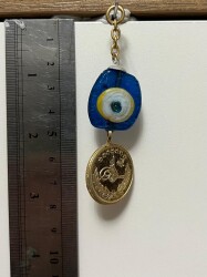 Vintage 1970-1980's Mavi Göz Boncuklu Cam Nazarlık Metal Osmanlı Tuğralı Sarkaçlı Nazarlık CV12 - 2
