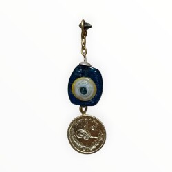Vintage 1970-1980's Mavi Göz Boncuklu Cam Nazarlık Metal Osmanlı Tuğralı Sarkaçlı Nazarlık CV12 - 