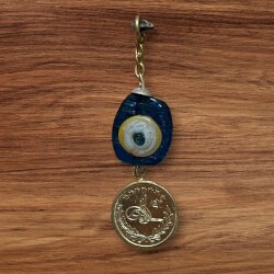Vintage 1970-1980's Mavi Göz Boncuklu Cam Nazarlık Metal Osmanlı Tuğralı Sarkaçlı Nazarlık CV12 - 3
