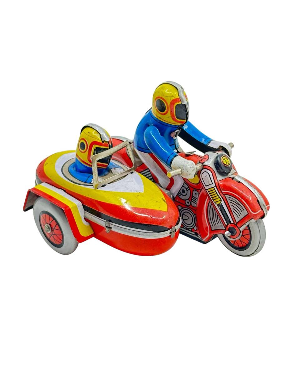 Vintage Çift Kişilikli 3 Tekerlekli Kurmalı Teneke Oyuncak Motosiklet AOB4456 - 1