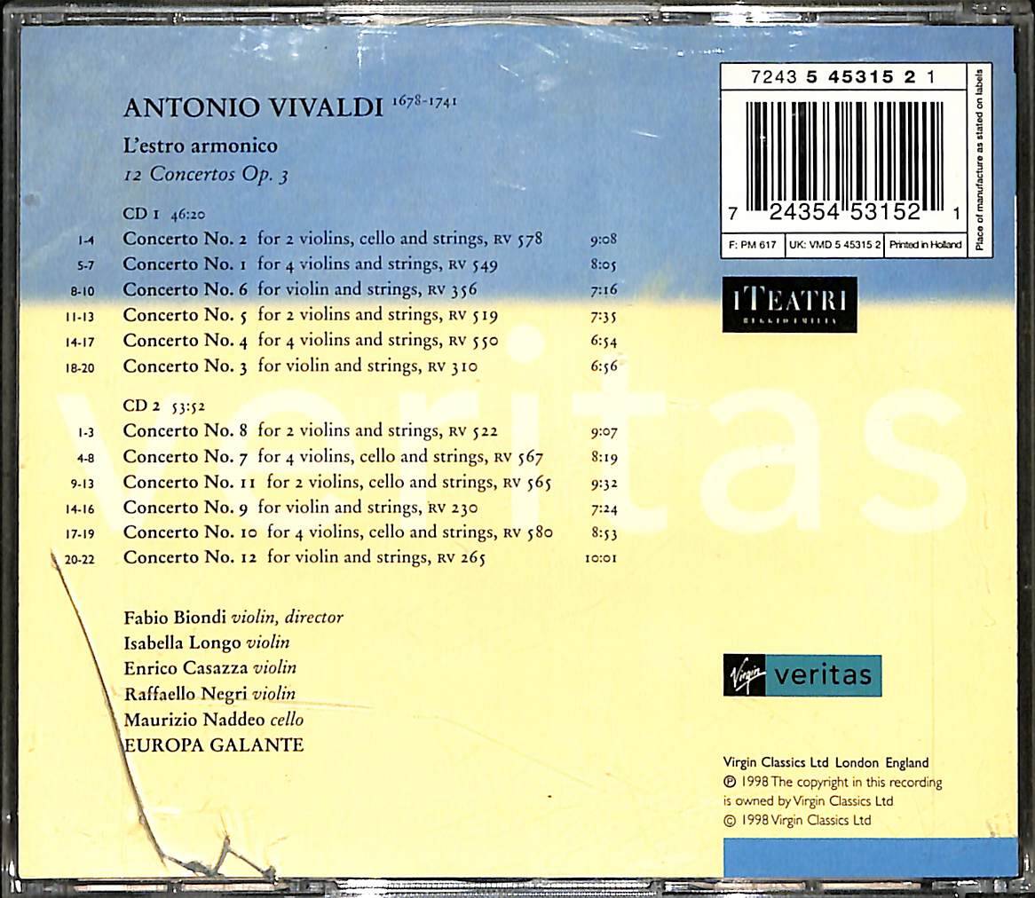 Vivaldi - Fabio Biondi, Europa Galante - L'Estro Armonico - 12 Concertos Op. 3 CD (İkinci El) CD4620 - 2