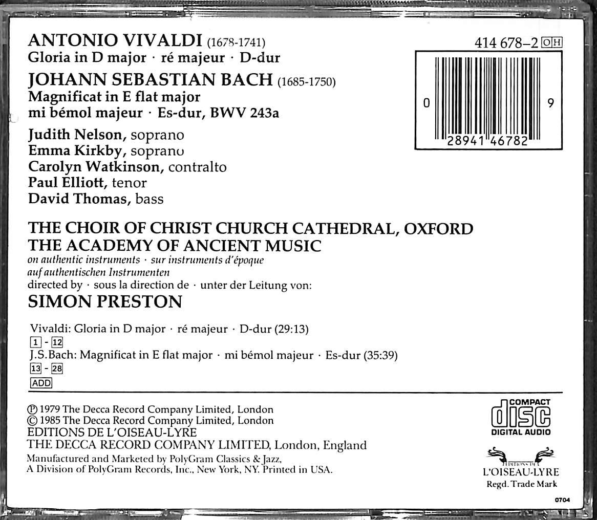 Vivaldi* · J.S. Bach*, Choir Of Christchurch Cathedral Oxford*, The Academy Of Ancient Music / Simon PrestonCD (İkinci El) CD4130 - 2