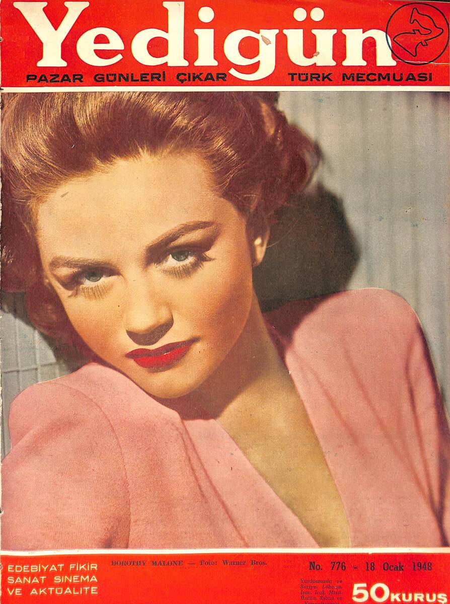 Yedigün Dergisi 18 Ocak 1948 No.776 - Kapak: Dorothy Malone - Arap, Yahudi Kavgası - Wallace Beery - Olimpiyata Hazırlanıyoruz - Yabancı Memleketler NDR93727 - 1