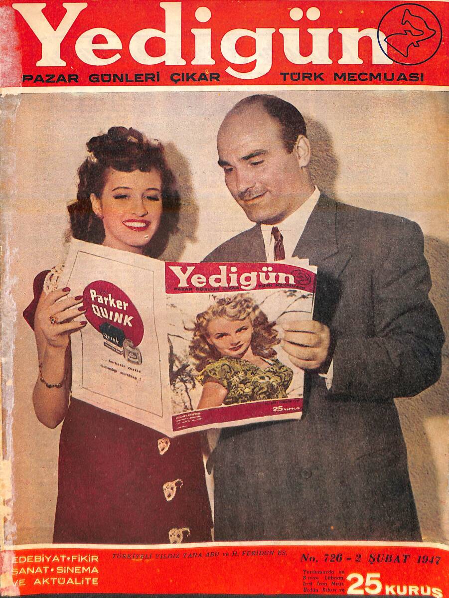 Yedigün Dergisi 2 Şubat 1947 No.726- Kapak: Tana Abu ve Hikmet Feridun Es - İsveç Veliahdı Prens Güstav ve Grace Moore Uçak Kazasında Öldü NDR95413 - 1