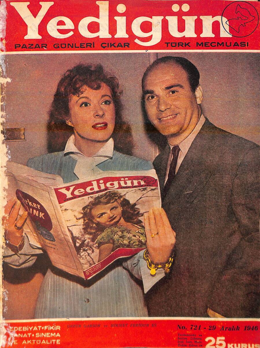 Yedigün Dergisi 29 Aralık 1946 No.721 - Kapak: Greer Garson ve Hikmet Feridun Es - Sait Faik Abasıyanık - Ferdi Tuğman - Sadun G. Savcı NDR95418 - 1