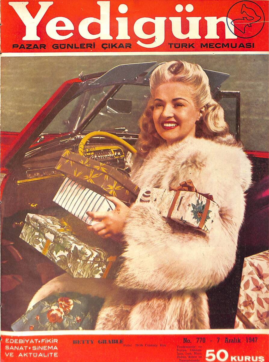 Yedigün Dergisi 7 Aralık 1947 No.770 - Kapak: Betty Grable - İbrahim Alaettin Gövsa - Hikmet Feridun Es - Cemleddin Bildik - Rebia T. Başokçu NDR93558 - 1