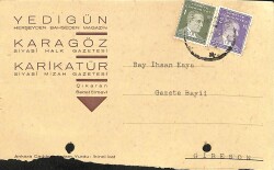 YEDİGÜN KARAGÖZ KARİKATÜR Gazeteleri Sipariş Bildiri Kartı 15 Nisan 1937 Damga Pullu EFM(N)10891 - 1