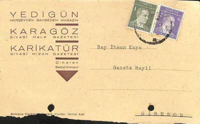 YEDİGÜN KARAGÖZ KARİKATÜR Gazeteleri Sipariş Bildiri Kartı 15 Nisan 1937 Damga Pullu EFM(N)10891 - 1