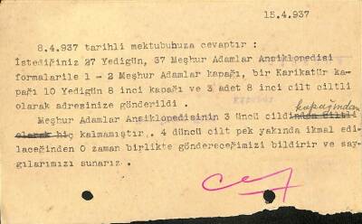 YEDİGÜN KARAGÖZ KARİKATÜR Gazeteleri Sipariş Bildiri Kartı 15 Nisan 1937 Damga Pullu EFM(N)10891 - 2
