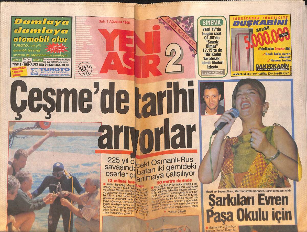 Yeni Asır 2 Gazetesi 1 Ağustos 1995 - Sezen Aksu, Mustafa Sandan Ücret Almadan Sahneye Çıktı - Kenan Evren İbrahim Tatlıses'e Vazo Hediye Etti GZ134285 - 1