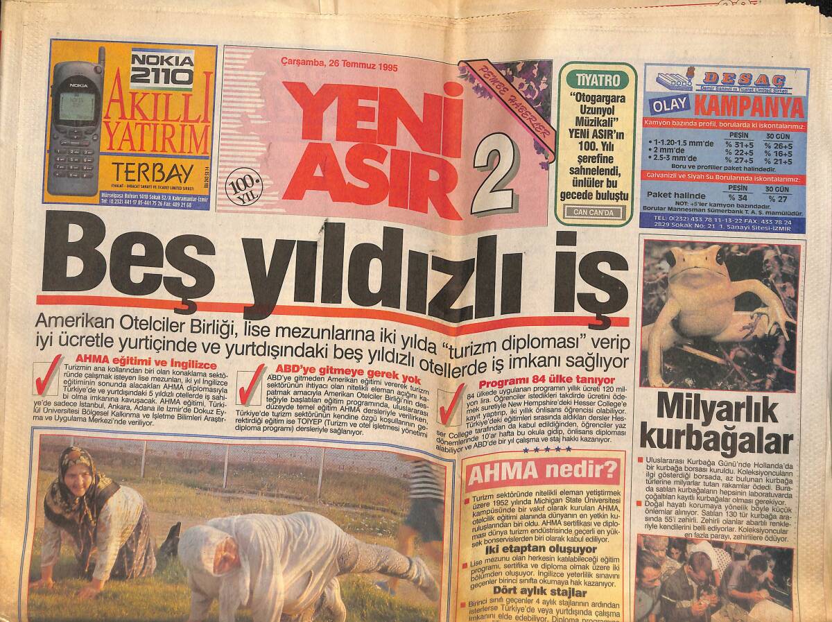 Yeni Asır 2 Gazetesi 26 Temmuz 1995 - Milyarlık Kurbağalar Koleksiyoncuların İlgisini Çekti -Amerikan Otelciler Lise Mezunlarına İş İmkanları Sağlıyor GZ132318 - 1