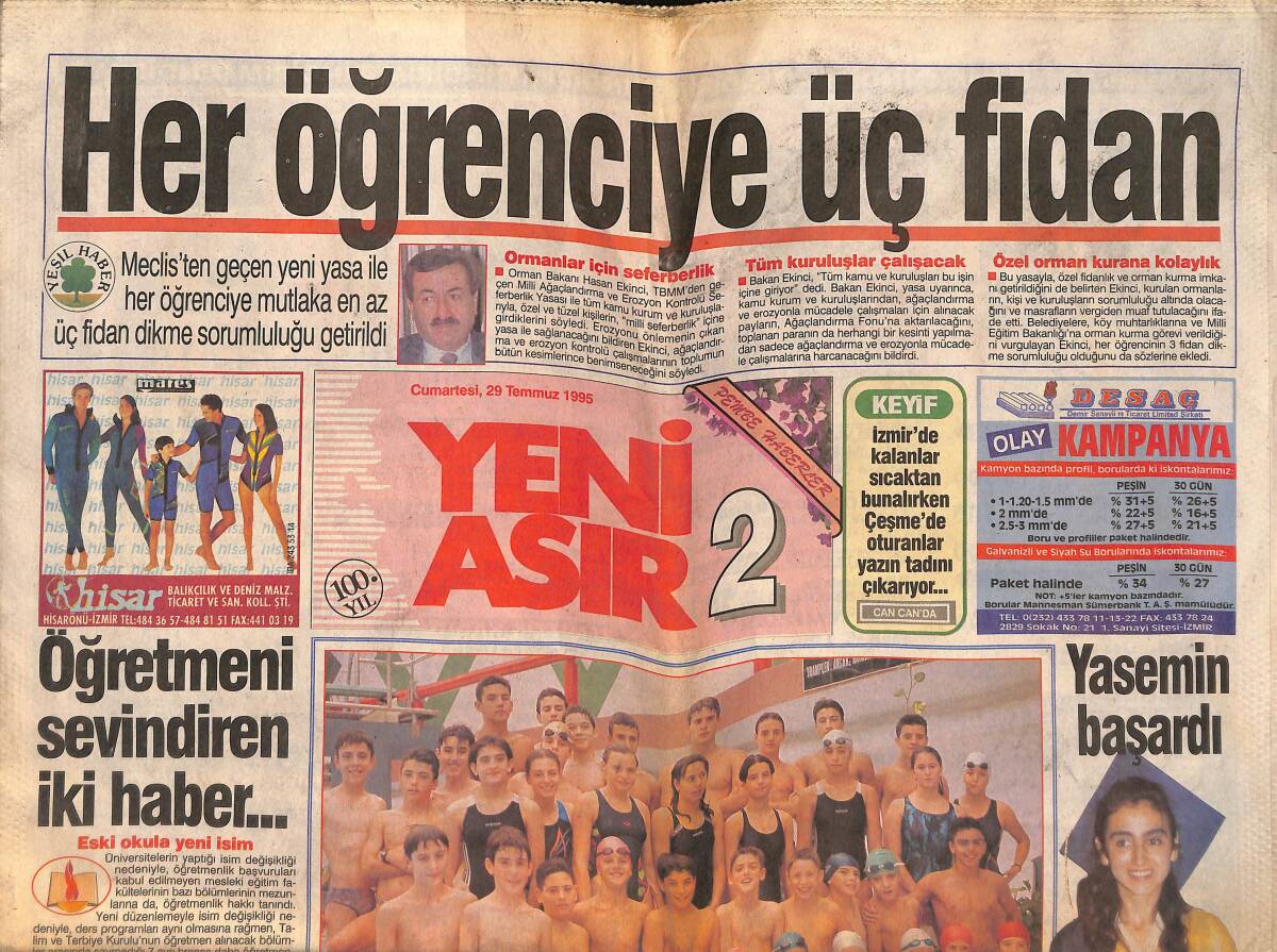 Yeni Asır 2 Gazetesi 29 Temmuz 1995 - İzmir'de Bilgi Bankası Kuruluyor - Meclis'ten Geçen Yeni Yasaya Göre Her Öğrenci 3 Fidan Dikecek GZ132308 - 1