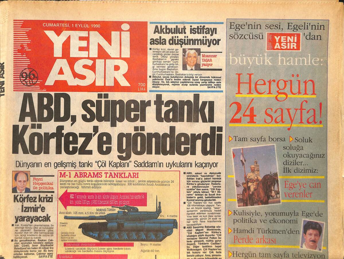 Yeni Asır Gazetesi 1 Eylül 1990 - ABD , Süper Tankı Körfez'e Gönderdi - SHP'de Baykal Ekip Yeniliyor GZ133700 - 1