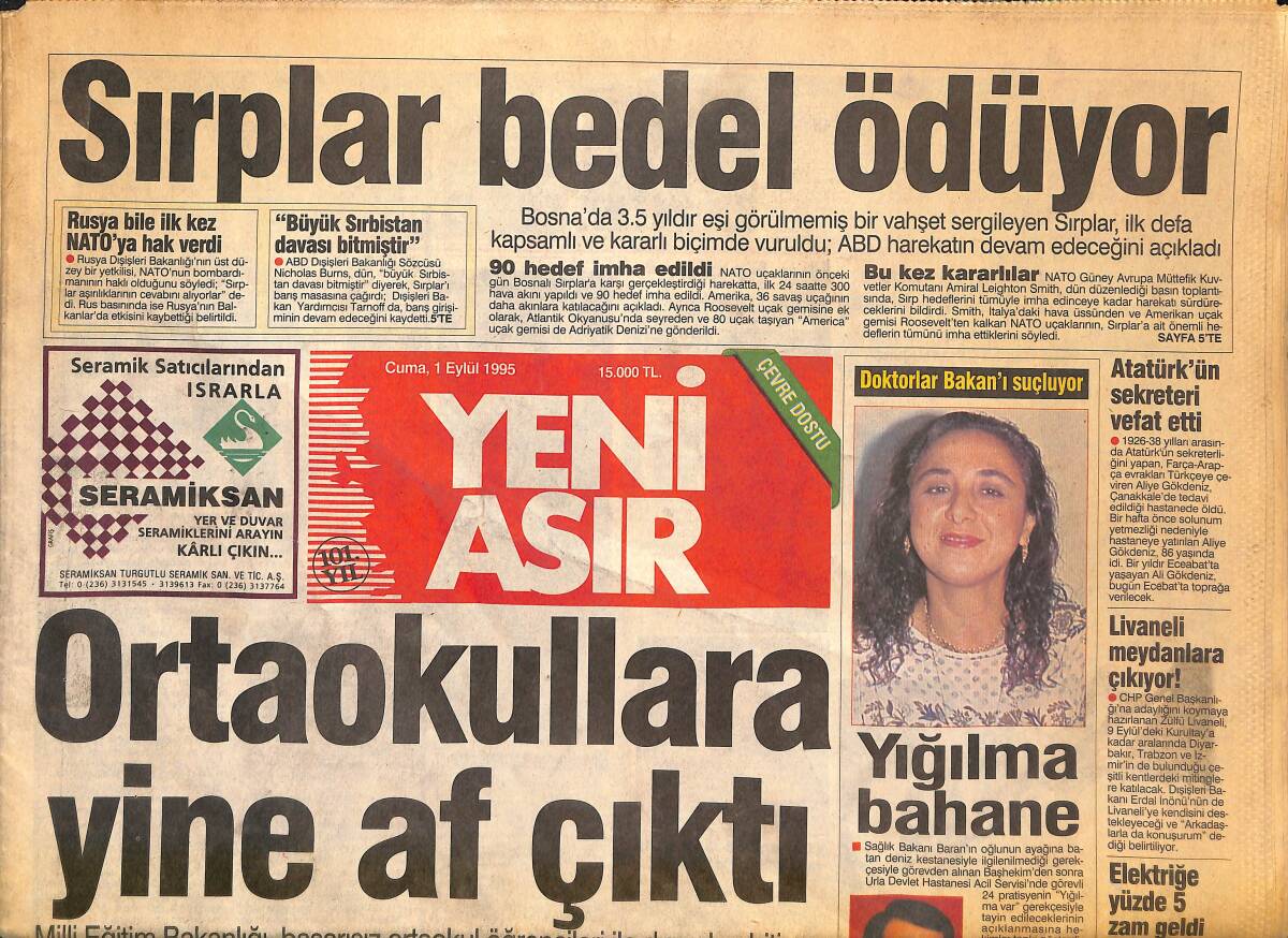 Yeni Asır Gazetesi 1 Eylül 1995 - Fethiye , Yamaç Paraşütü Merkezi - Sırplar Bedel Ödüyor GZ133614 - 1