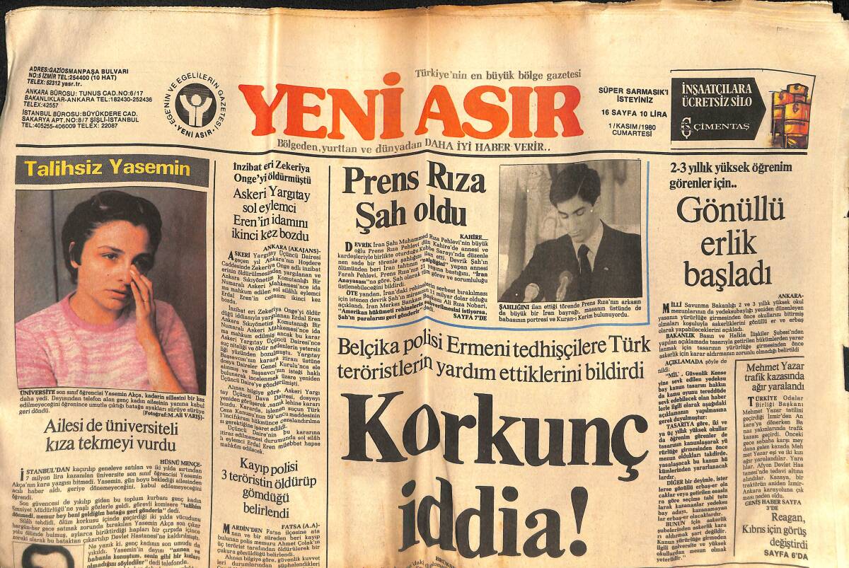 Yeni Asır Gazetesi 1 Kasım 1980 - Gönüllü Erlik Başladı - Prens Rıza Artık İran Şahı Rıza Oldu GZ133266 - 1