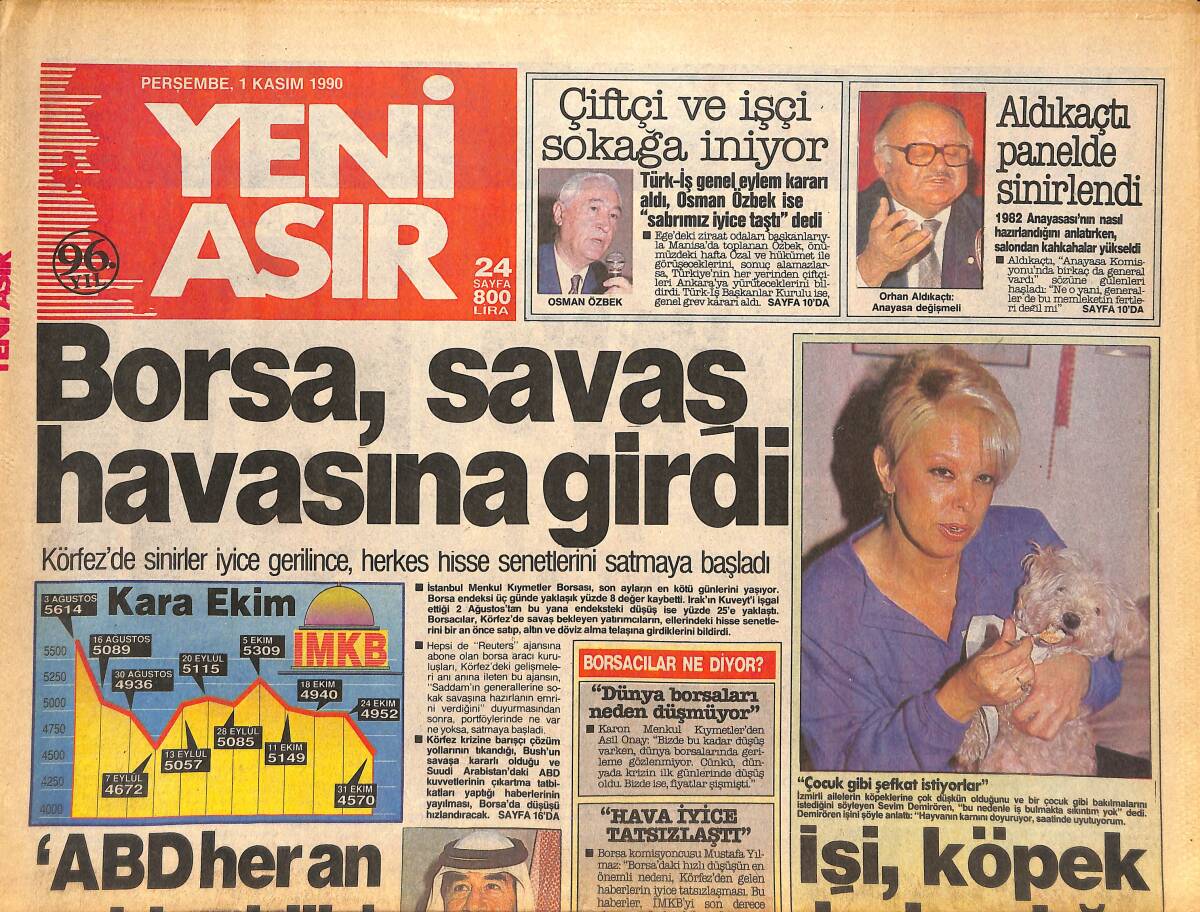 Yeni Asır Gazetesi 1 Kasım 1990 - Erdem'e Darbe Planı - Borsa , Savaş Sahasına Girdi GZ133688 - 1