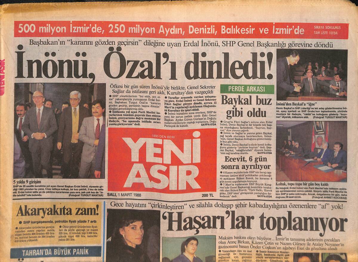 Yeni Asır Gazetesi 1 Mart 1988 - İnönü , Özal'ı Dinledi ! - İzmir'de Ekmek 150 Lira Oldu GZ133809 - 1