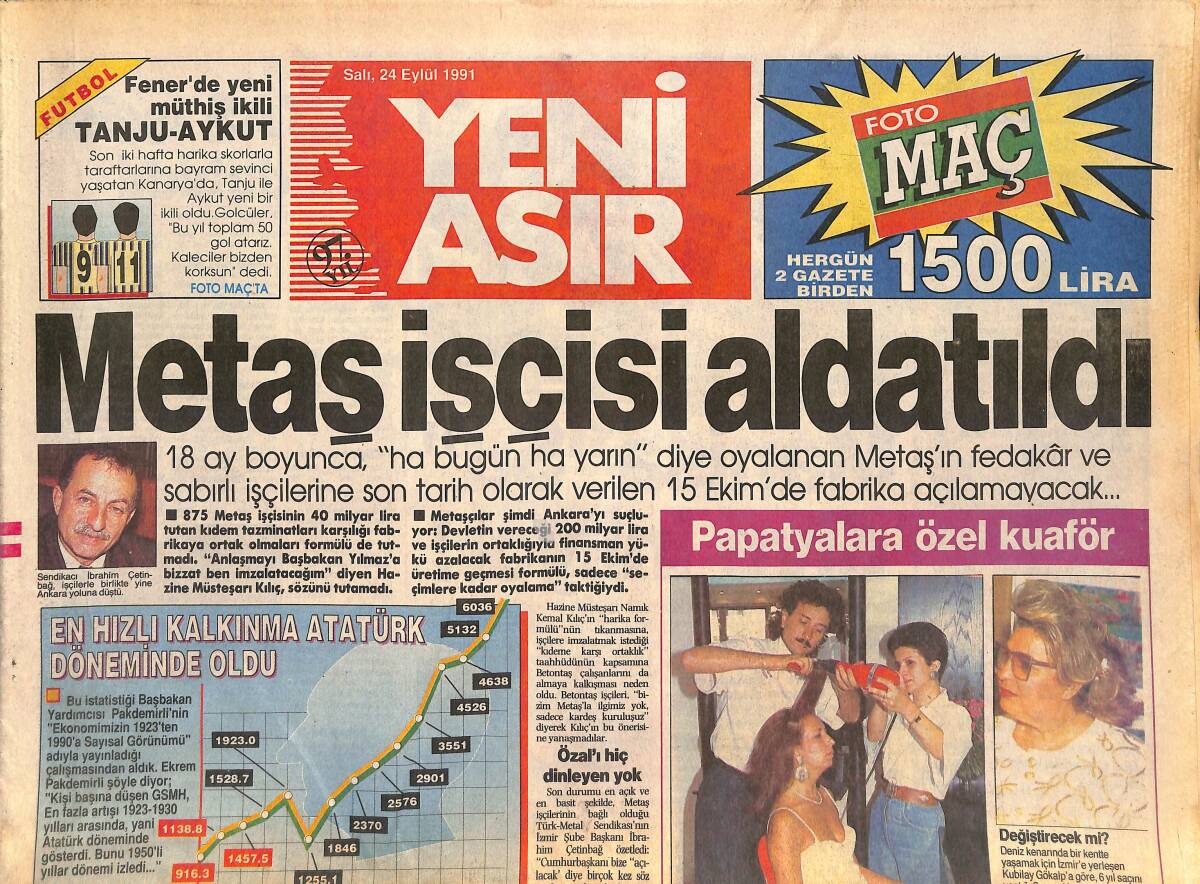 Yeni Asır Gazetesi 24 Eylül 1991 - Metaş İşçisi Aldatıldı - Star-1'in İzmir'de Yayını Tehlikede GZ131553 - 1