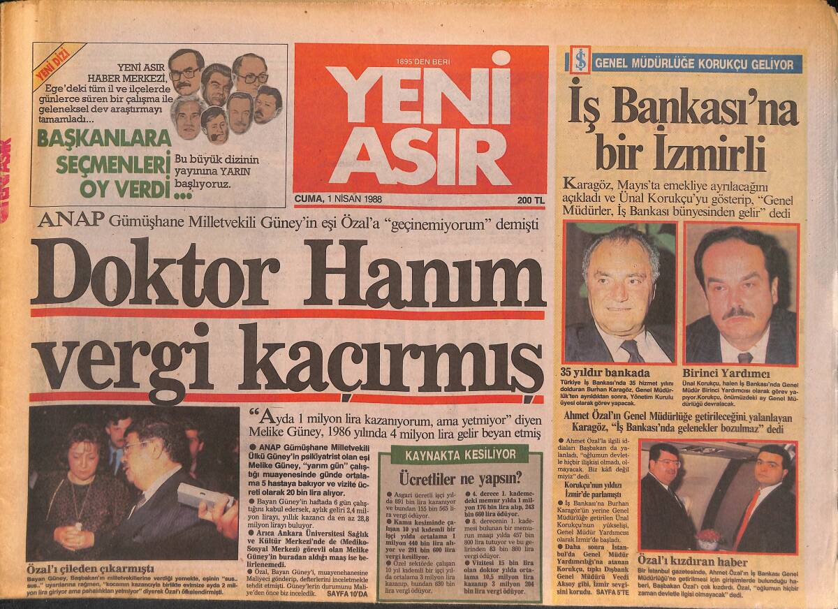 Yeni Asır Gazetesi 1 Nisan 1988 - İş Bankası'na Bir İzmirli - Çimentaş Ritmik Cimnastikte Atılım Yapıyor GZ134388 - 1
