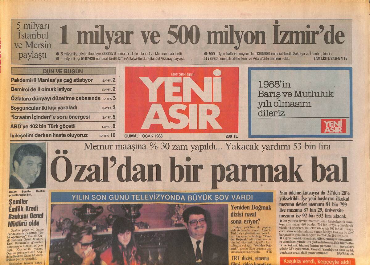 Yeni Asır Gazetesi 1 Ocak 1988 - Selçuk Yaşar'dan Şampiyonluk Sözü - Özal'dan Bir Parmak Bal GZ133596 - 1