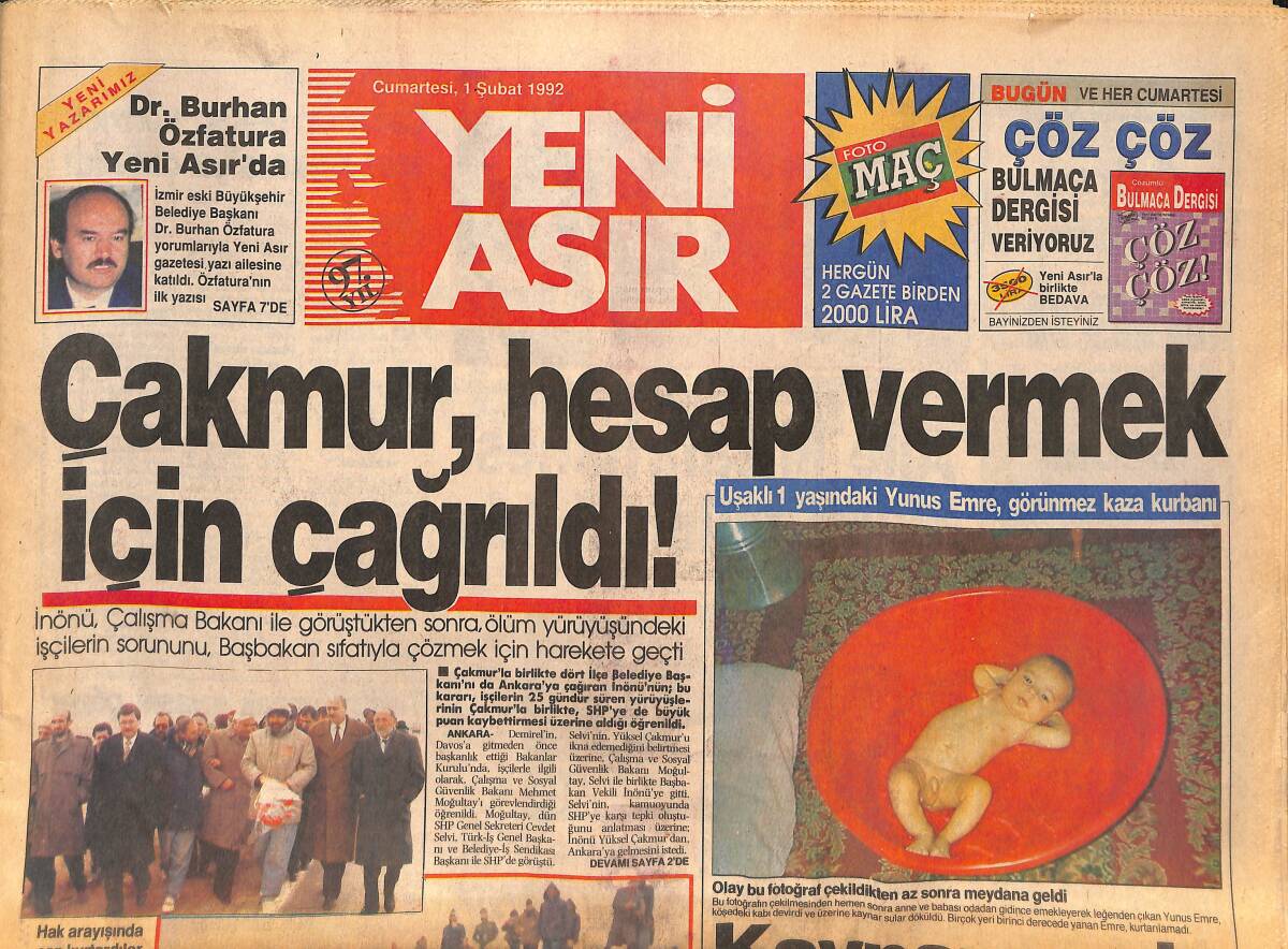 Yeni Asır Gazetesi 1 Şubat 1992 - Uşaklı 1 Yaşındaki Yunus Emre Kaynar Su Yüzünden Vefat Etti - Demirel : Özal Bile Kürt GZ132269 - 1