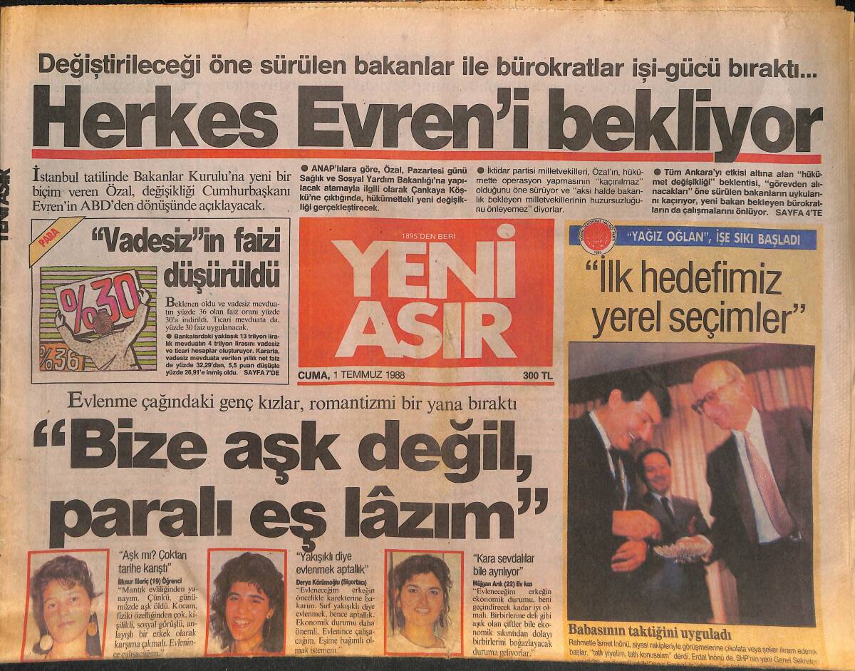 Yeni Asır Gazetesi 1 Temmuz 1988 - Herkes Evren'i Bekliyor - Mike Tyson Boksu Bıraktı GZ132118 - 1