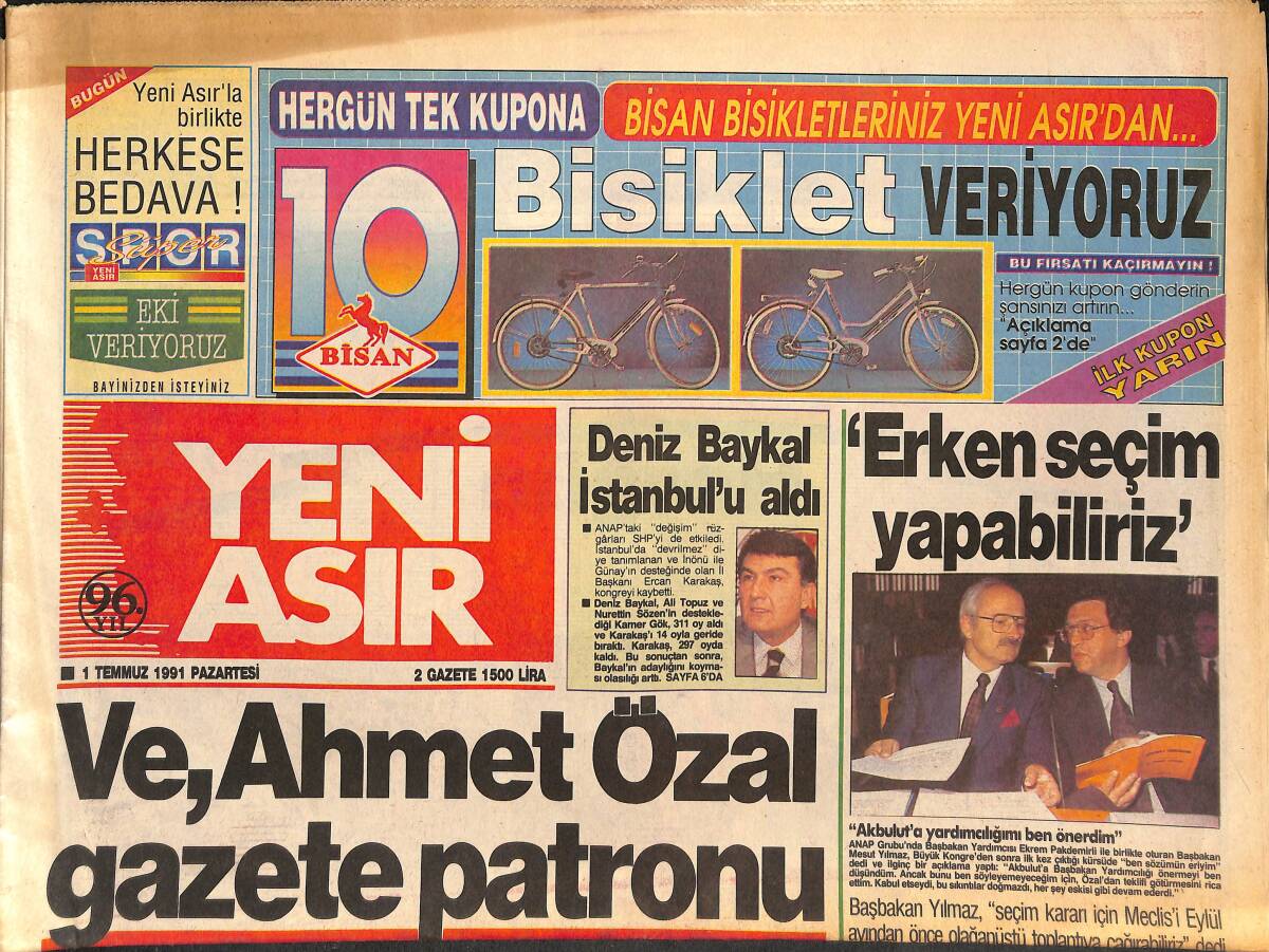 Yeni Asır Gazetesi 1 Temmuz 1991 - Füsun Önal Sunuculuk Yapacak - Deniz Baykal , İstanbul'u Aldı GZ132135 - 1
