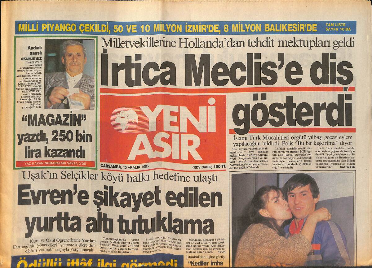 Yeni Asır Gazetesi 10 Aralık 1986 - Galatasaray Antrenmanında Futbolcu Öldü ! - SHP Bir Fire Daha Verdi GZ132094 - 1