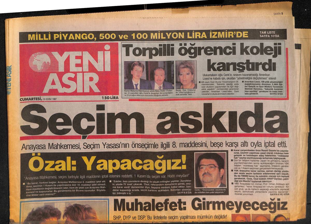 Yeni Asır Gazetesi 10 Ekim 1987 - Çetin Alp İle Suna Yıldızoğlu Ayrıldı - Göztepe Sokağa Atılıyor ! GZ134368 - 1