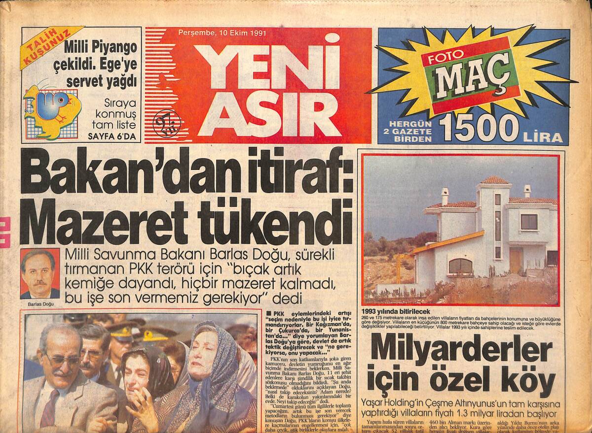 Yeni Asır Gazetesi 10 Ekim 1991 - DYP'de Bir Banko Bakan : Sümer Oral - Milyarderler İçin Özel Köy GZ133707 - 1