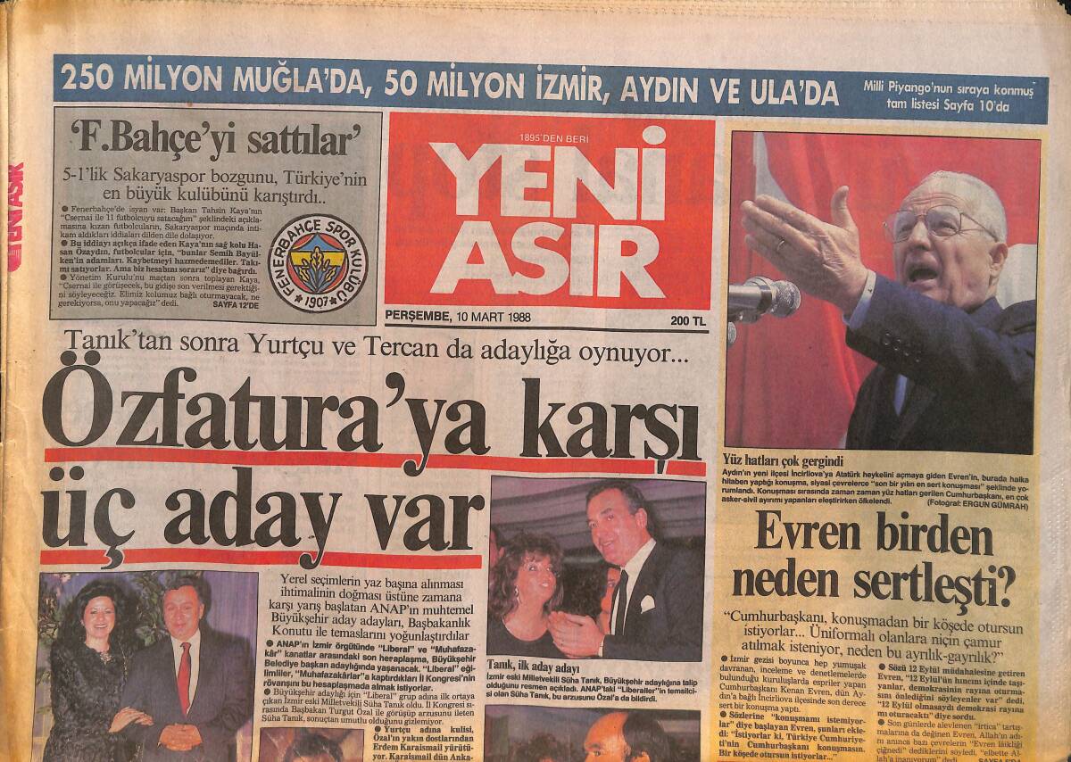 Yeni Asır Gazetesi 10 Mart 1988 - TSYD Okçuluk Şöleni Başlıyor - Özfatura'ya Karşı Üç Aday Var GZ133799 - 1