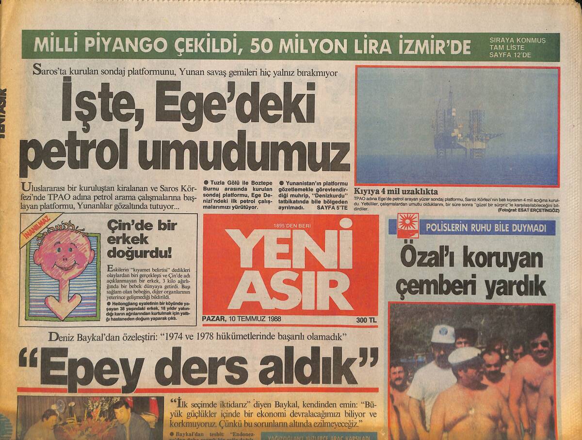 Yeni Asır Gazetesi 10 Temmuz 1988 - Papandreu , Sevgilisiyle Adaya Kapandı - Naim Süleymanoğlu Çakabey'de GZ133791 - 1