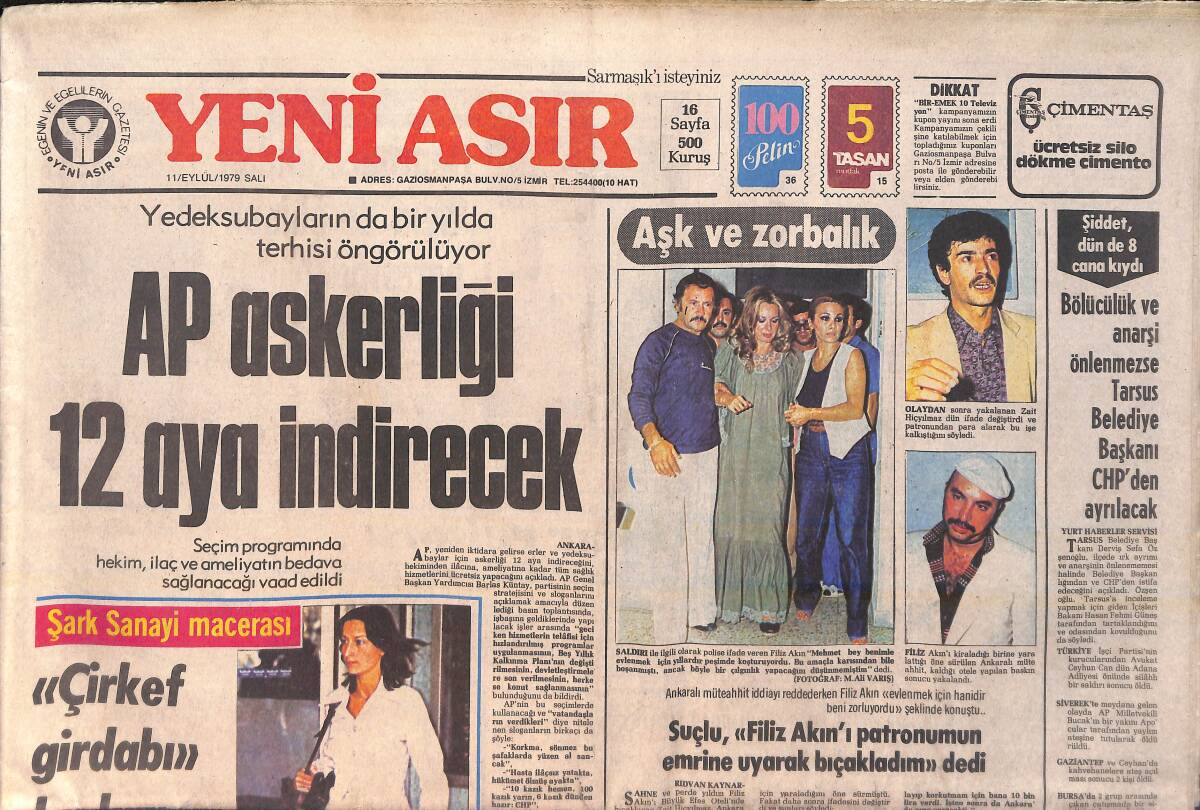 Yeni Asır Gazetesi 11 Eylül 1979 - Filiz Akın, Bıçaklı Saldırıya Uğradı - Zeki Müren, Hülya Koçyiğit, Ferdi Tayfur, Gönül Yazar, Gazino Afişi GZ157004 - 1