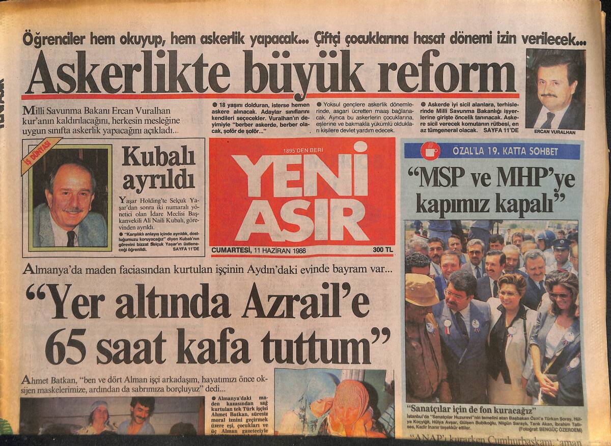 Yeni Asır Gazetesi 11 Haziran 1988 - Çobanoğlu'na ANAP Çelmesi - Askerlikte Büyük Reform GZ132056 - 1
