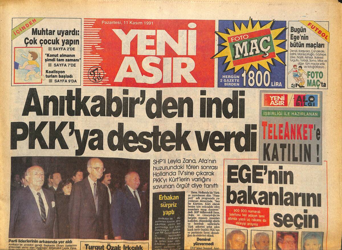 Yeni Asır Gazetesi 11 Kasım 1991 - Köşk'ün Yenilenme Faturası 100 Milyar - Minelli Genç Sevgilisiyle Evleniyor GZ133774 - 1