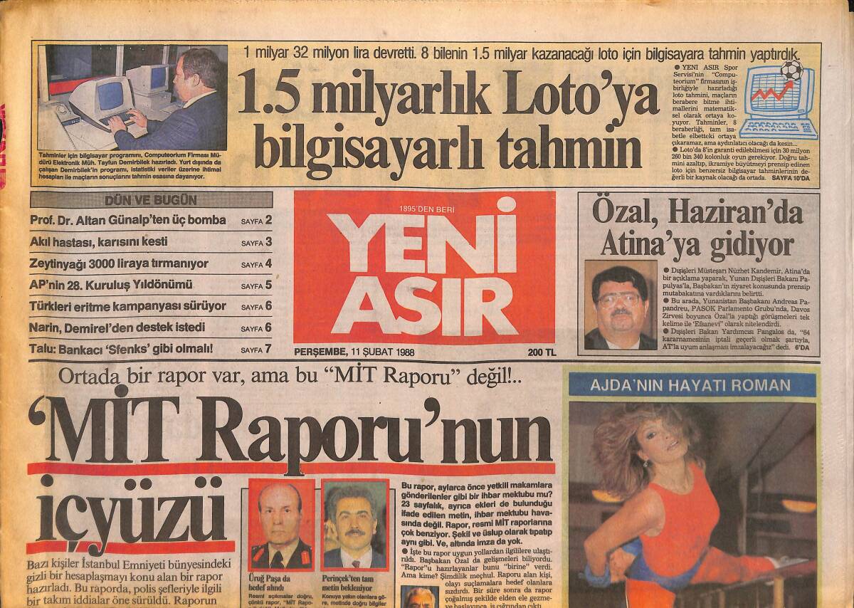 Yeni Asır Gazetesi 11 Şubat 1988 - Ajda Pekkan'ın Hayatı Roman - Galatasaray Kupada da Buldozer Gibi GZ133723 - 1