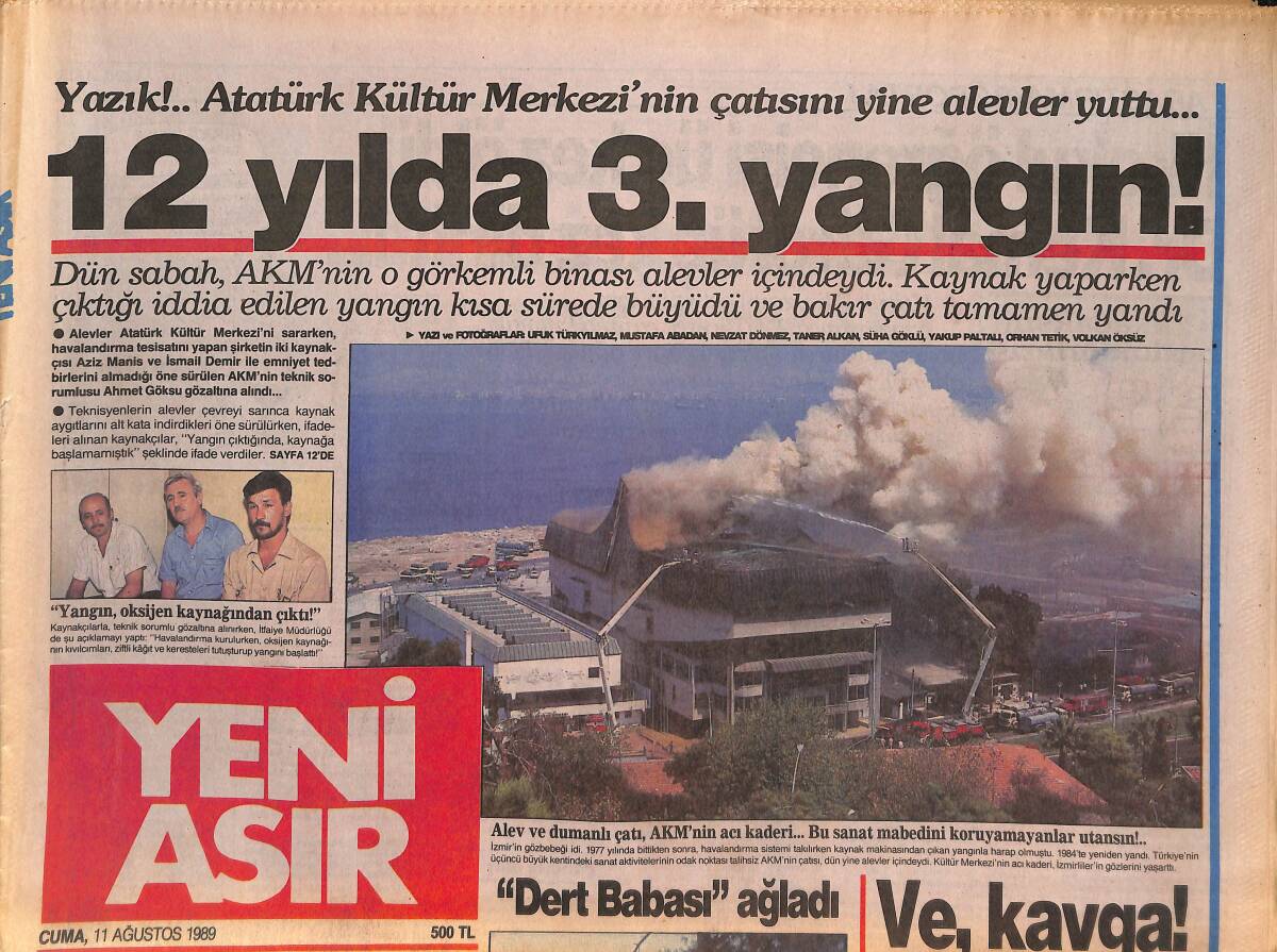 Yeni Asır Gazetesi 11 Ağustos 1989 - Atatürk Kültür Merkezi'nin Çatısını Yine Alevler Yuttu GZ131561 - 1