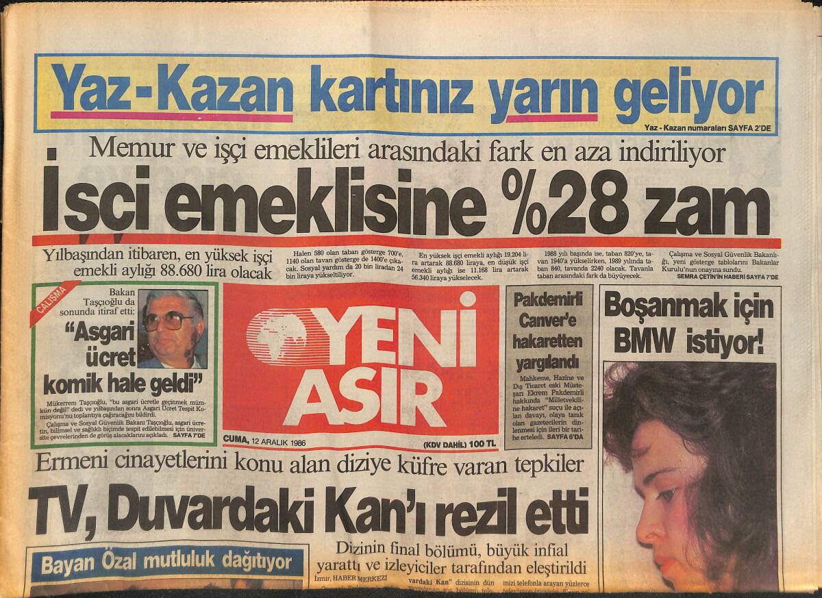 Yeni Asır Gazetesi 12 Aralık 1986 - Türkan Şoray , UNICEF'in Kuruluş Yıldönümüne Katıldı - Naim Süleymanov Yarın Türkiye'de GZ132092 - 1