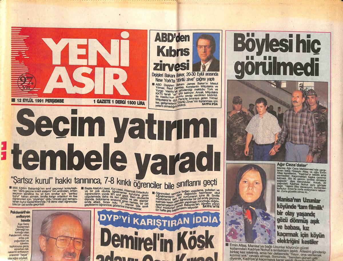 Yeni Asır Gazetesi 12 Eylül 1991 - Hamza Galatasaray'ı Korkutuyor - ABD'den Kıbrıs Zirvesi GZ147133 - 1