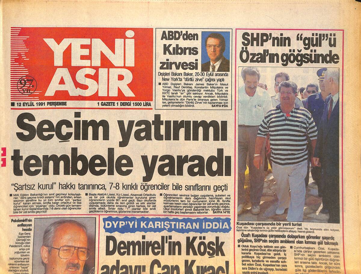 Yeni Asır Gazetesi 12 Eylül 1991 - Hamza Galatasaray'ı Korkutuyor - ANAP da Çakmur'a Müfettiş İstedi GZ132112 - 1