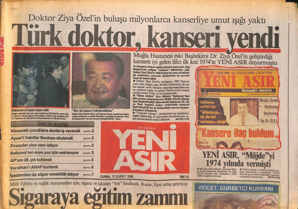 Yeni Asır Gazetesi 12 Şubat 1988 - Doktor Ziya Özel'in Buluşu Milyonlarca Kanserliye Umut Işığı Yaktı GZ133722 - 1