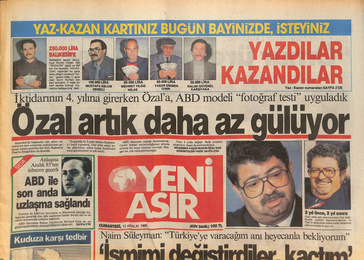 Yeni Asır Gazetesi 13 Aralık 1986 - Çayımızı KKTC Bile Almıyor - Özal Artık Daha Az Gülüyor GZ132091 - 1