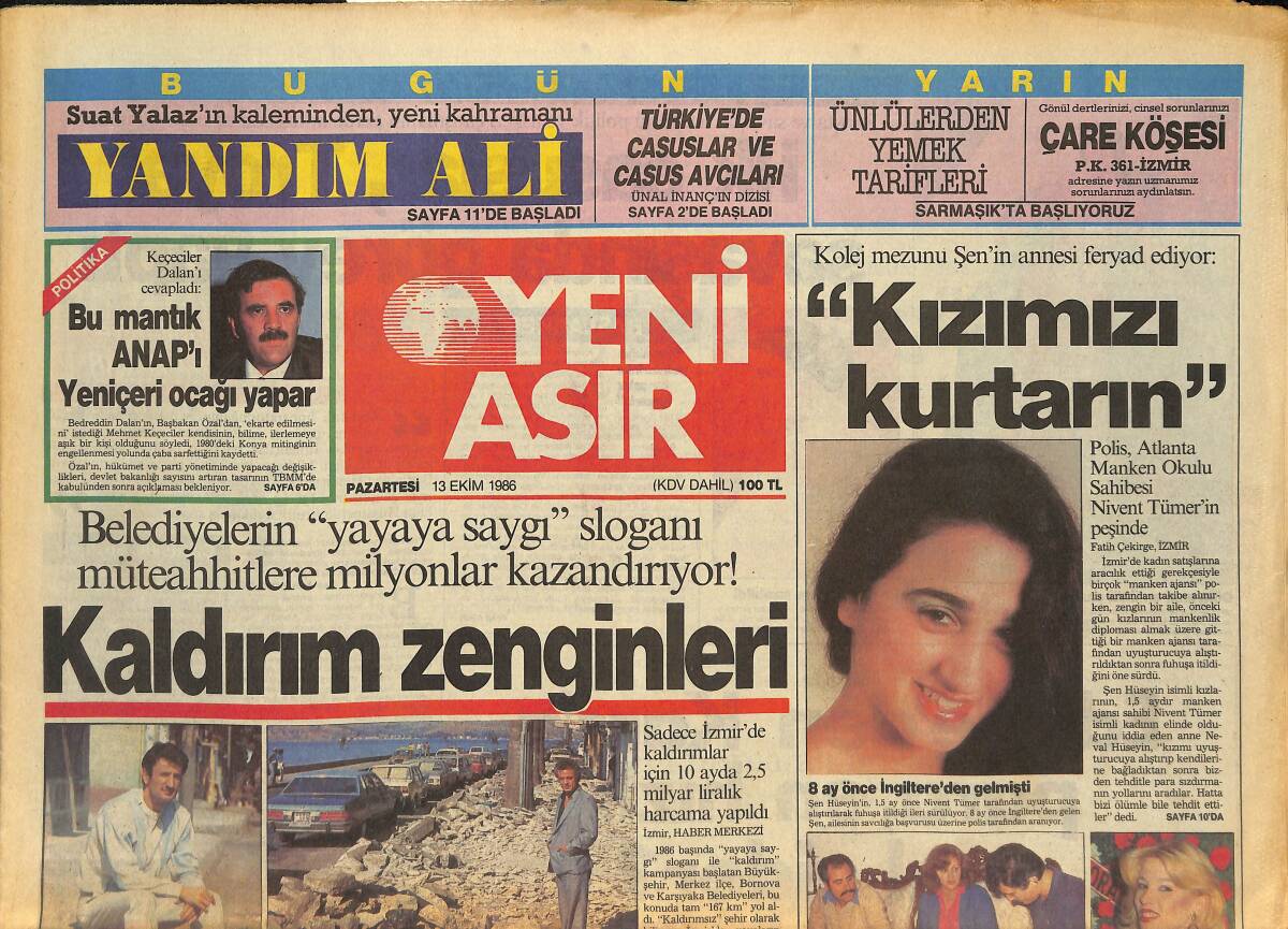 Yeni Asır Gazetesi 13 Ekim 1986 - San Salvador'da Ölü Sayısı Artıyor . Deprem , 20.000 Kişiyi Evsiz Bıraktı GZ133568 - 1